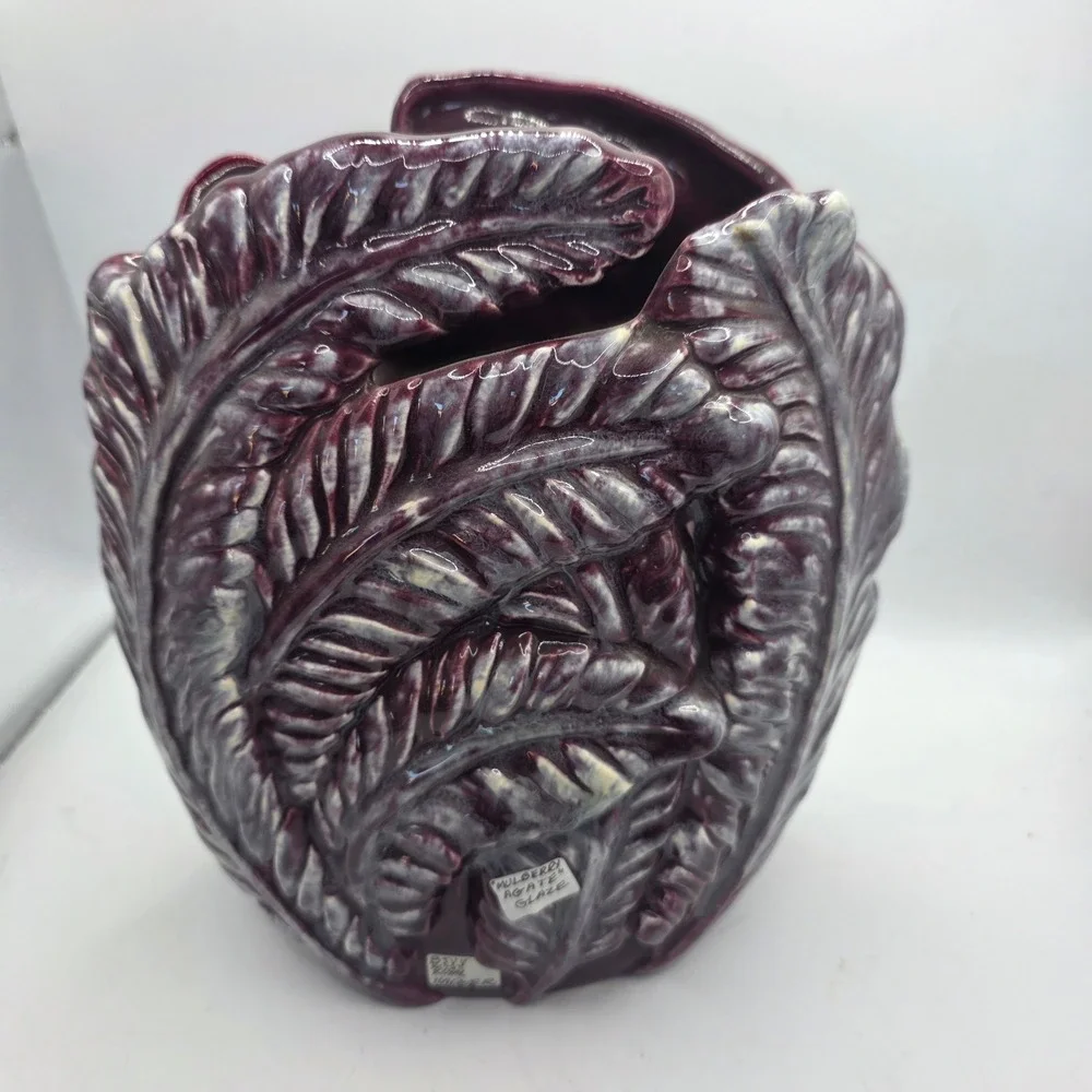 Vintage Royal Haeger R723 Leaf Vase Mulberry Agate Glaze USA Art Pottery